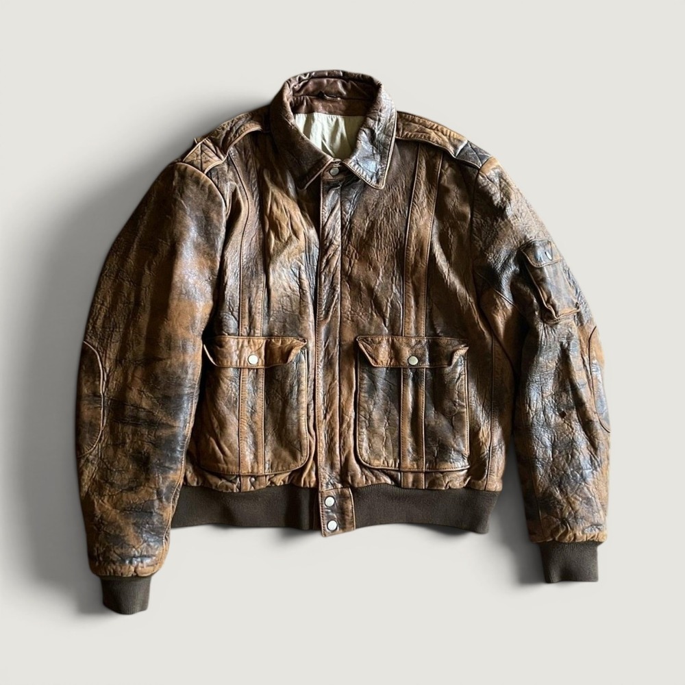 Vintage Distressed brown leather flight jacket 90s Bomber Jacket Mens large